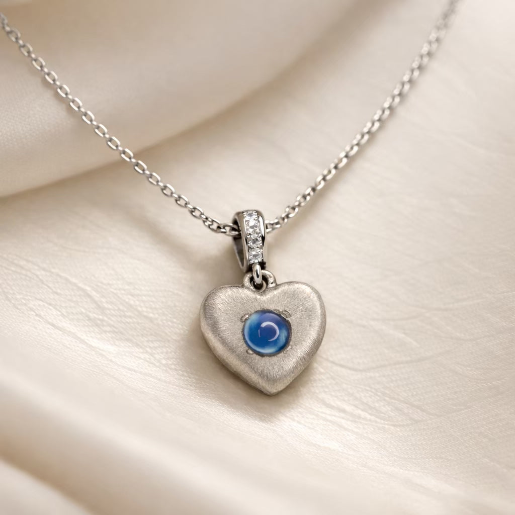 Matte Finish Silver Heart Charm Necklace with Sparkle Bail