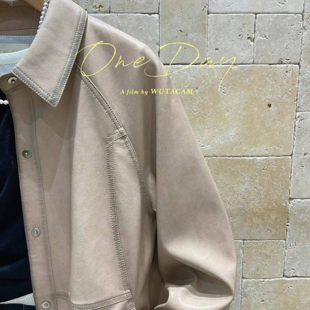 Small Collar Hand Dye Leather Coat