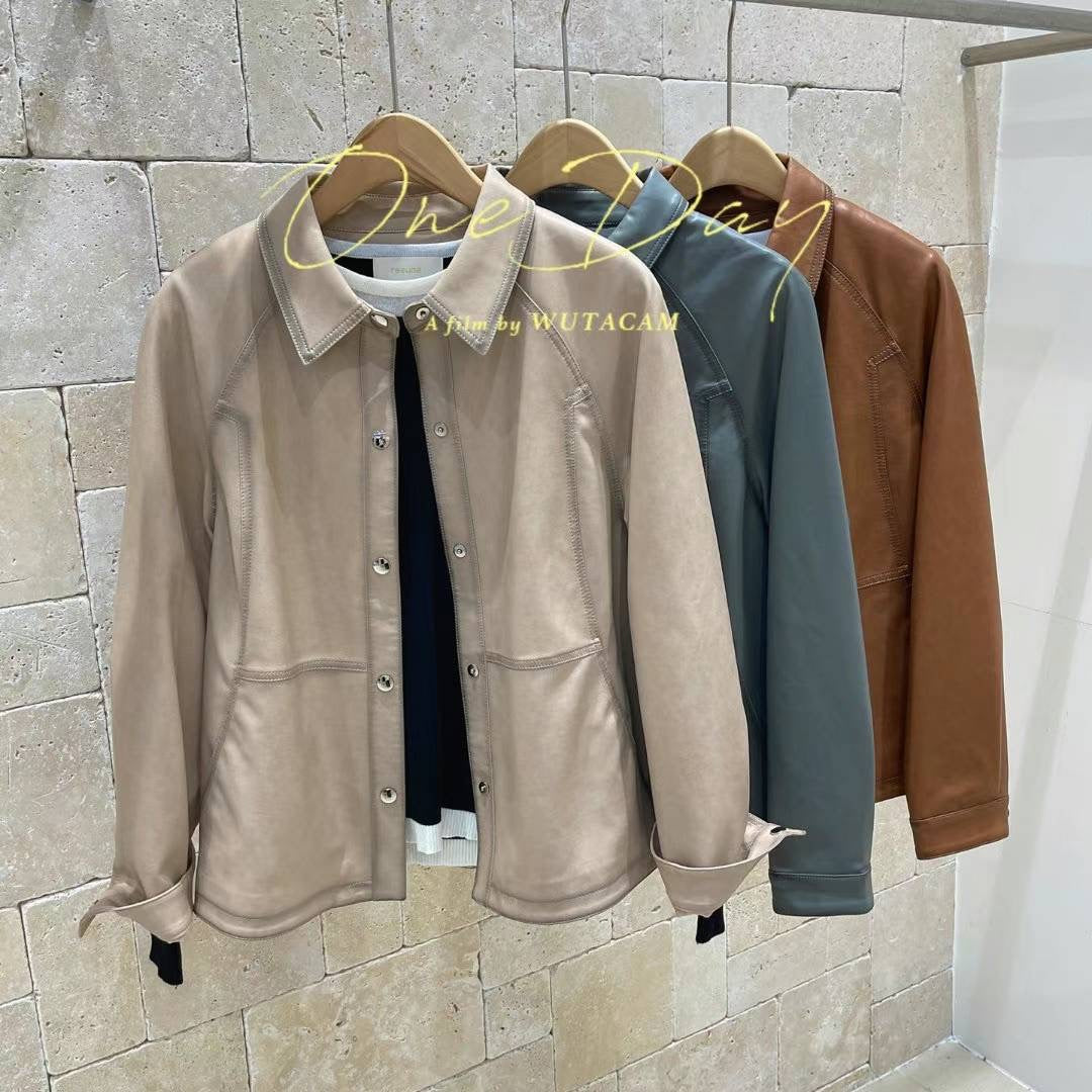 Small Collar Hand Dye Leather Coat