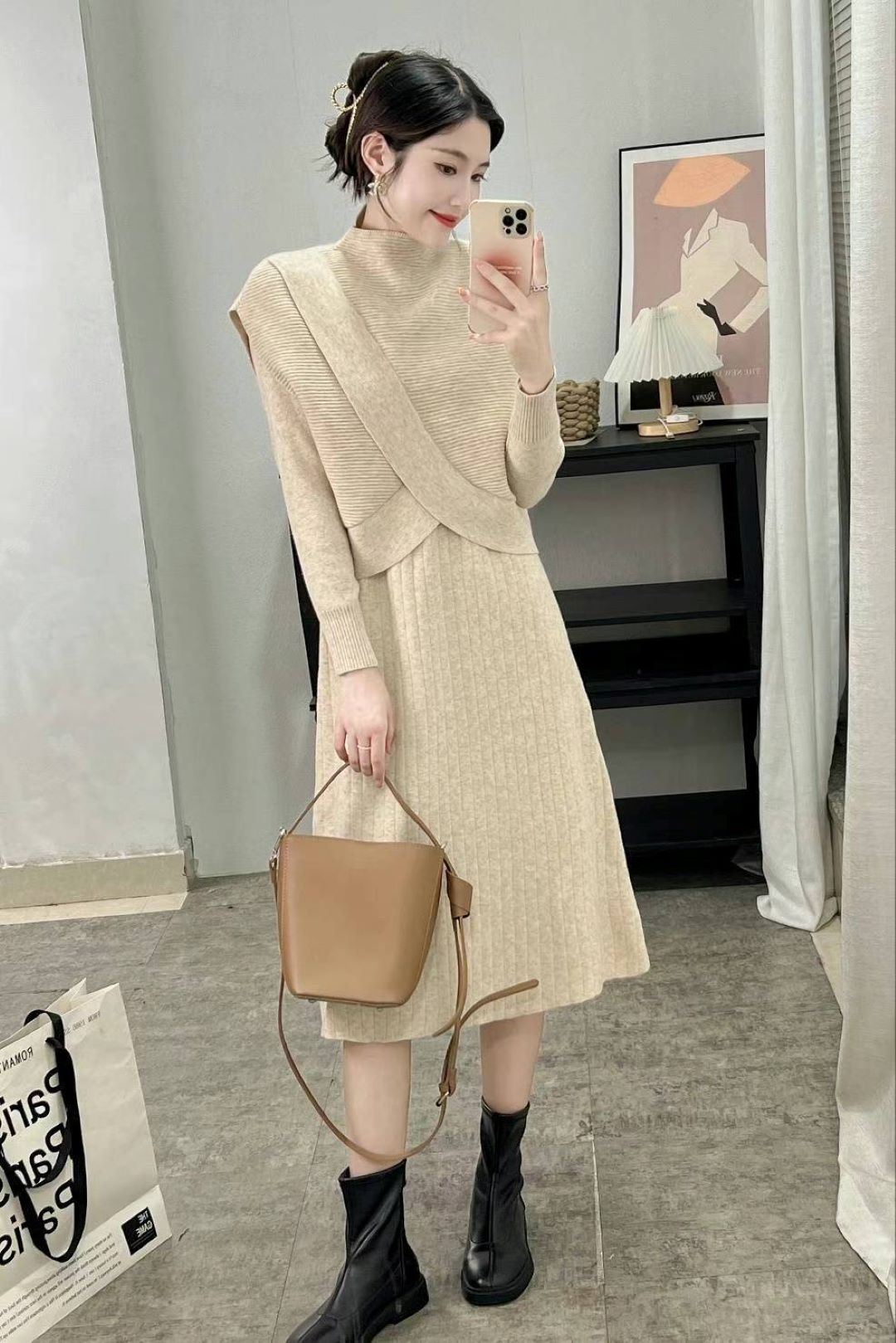 Long Sleeve Wool Dress with Knit Vest Set
