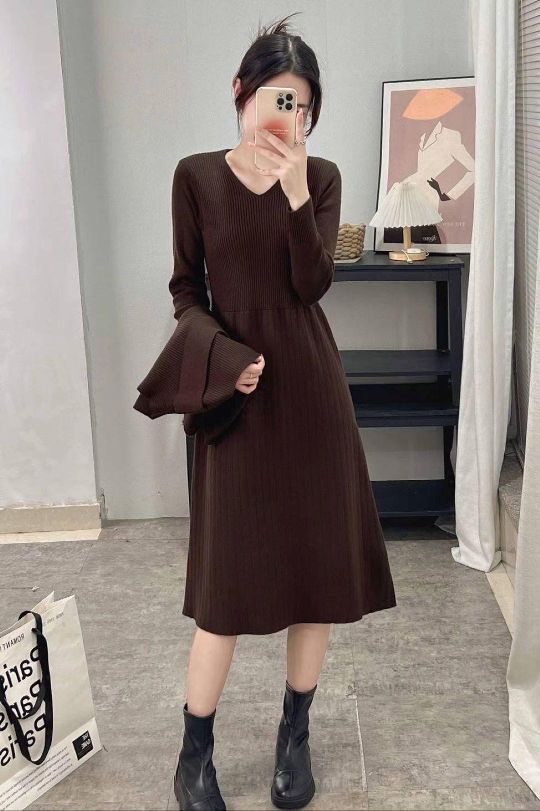 Long Sleeve Wool Dress with Knit Vest Set