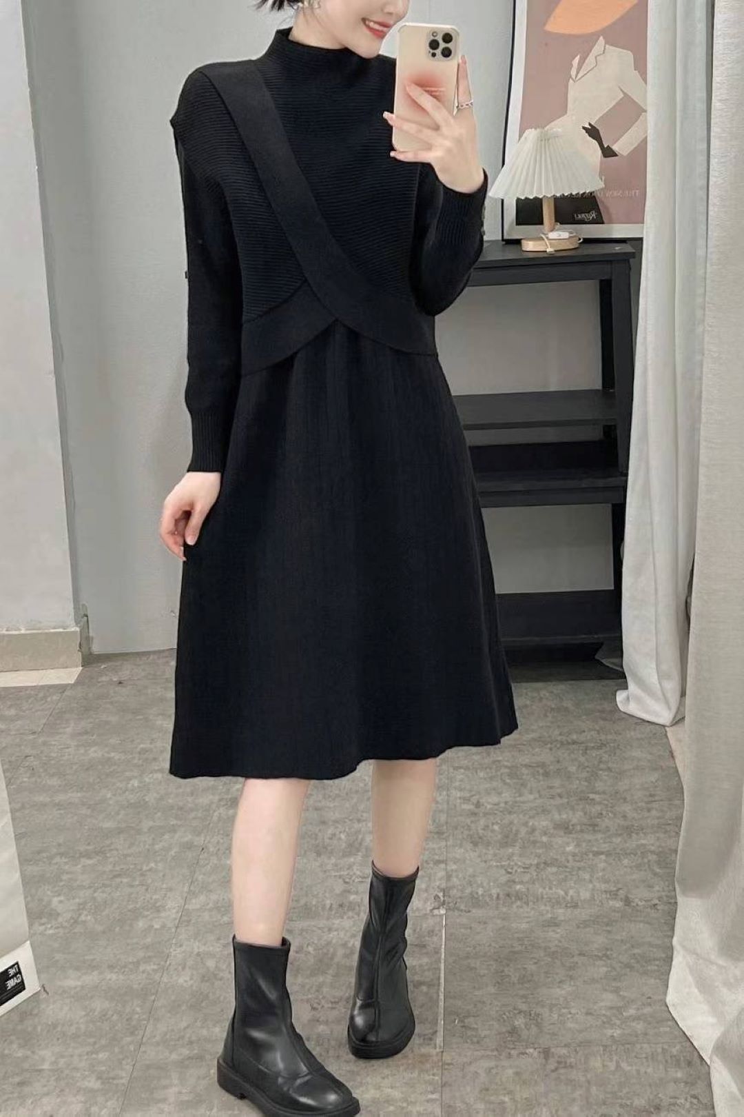 Long Sleeve Wool Dress with Knit Vest Set