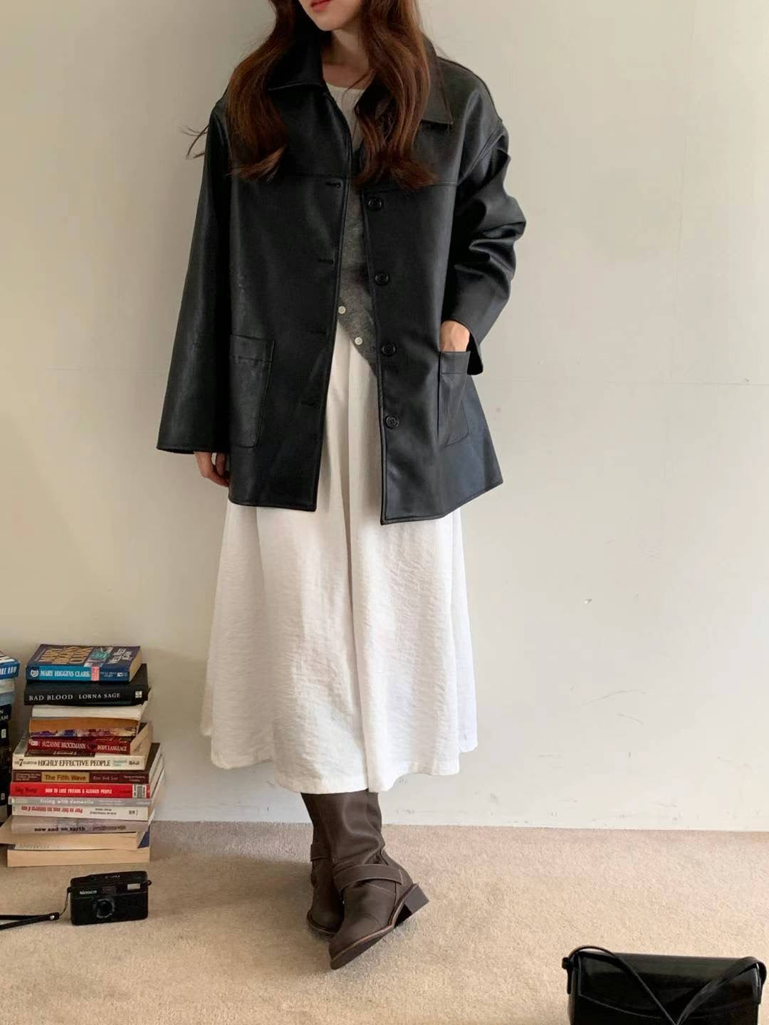 Leather Buttoned Long Sleeve Jacket