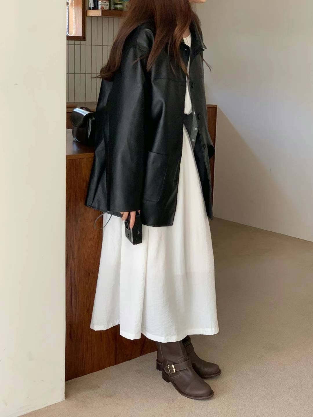 Leather Buttoned Long Sleeve Jacket