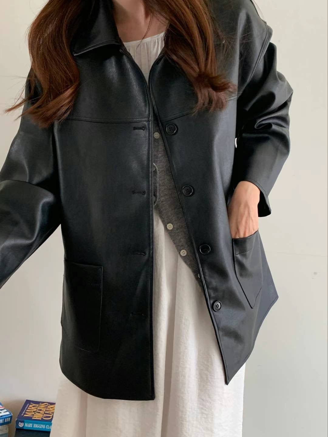 Leather Buttoned Long Sleeve Jacket