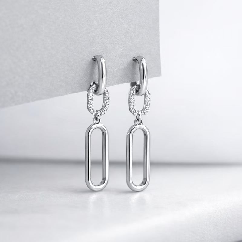 Modern Silver Link Chain Dangle Earrings with Crystal Detail