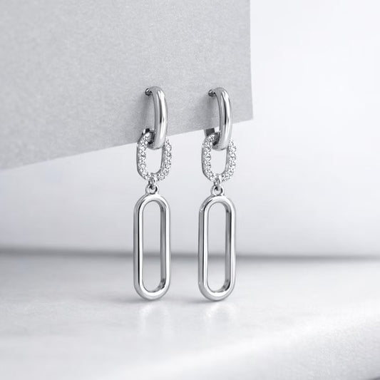 Modern Silver Link Chain Dangle Earrings with Crystal Detail