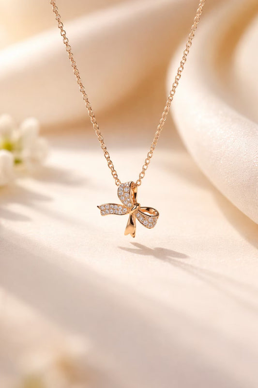 Sparkling Rose Gold Ribbon Bow Necklace