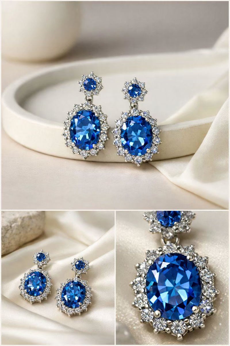 Royal Blue Halo Pendant & Earring Jewelry Set