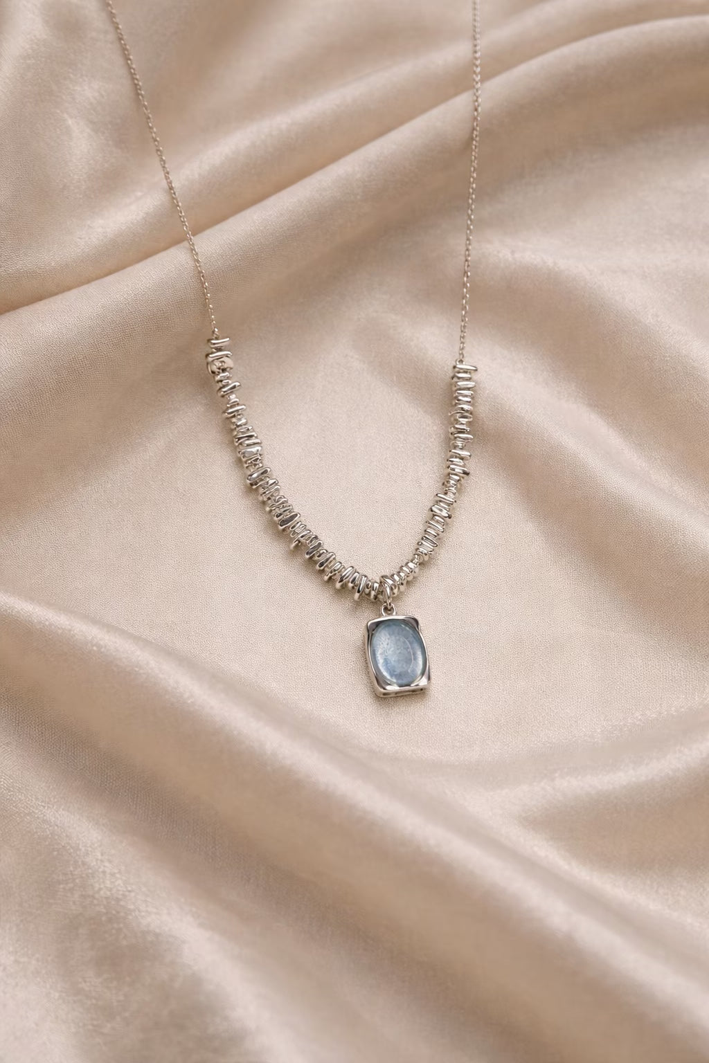 Irregular Bead Chain Necklace with Blue Cabochon Pendant