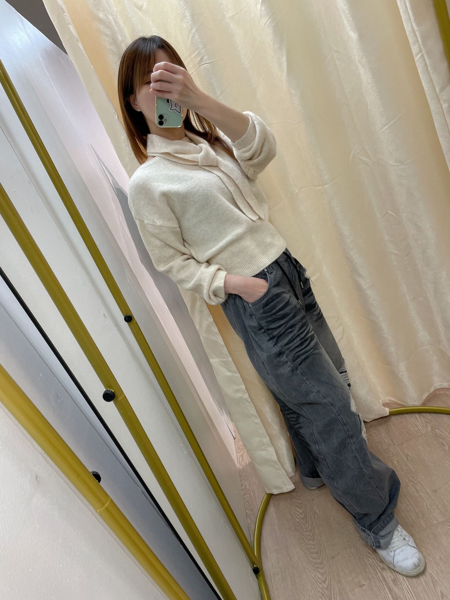 Boat Neck Knit Top with Scarf