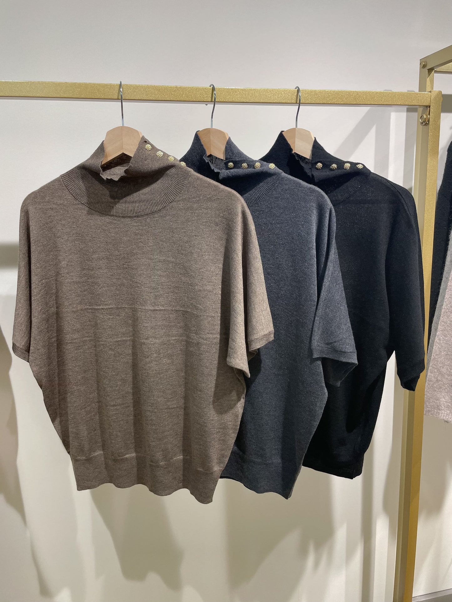 Buttoned Turtle Neck Short Sleeve Sweater
