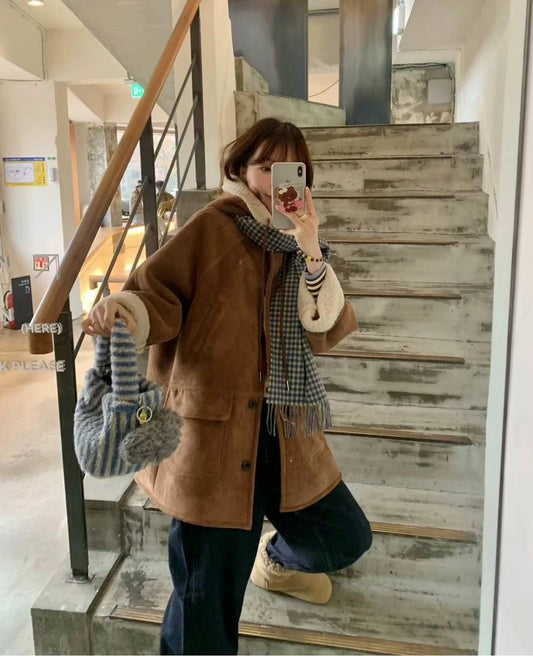 Suede Leather Hoodie Coat