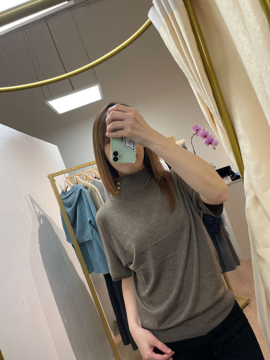 Buttoned Turtle Neck Short Sleeve Sweater