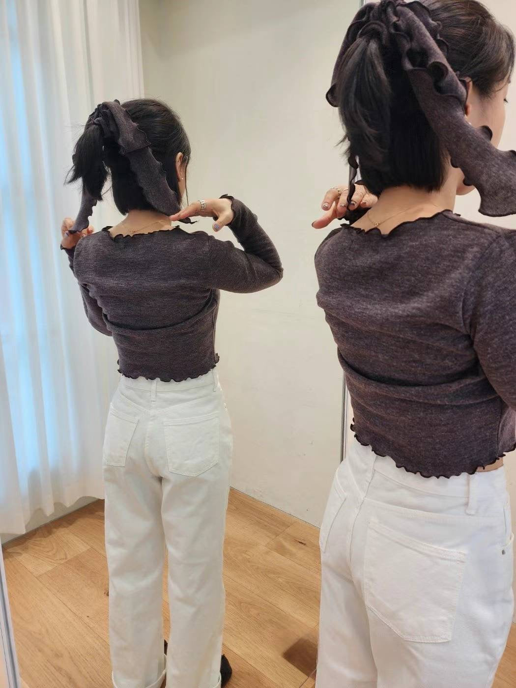 Basic Long Sleeve Shirt with Ruffle Scarf