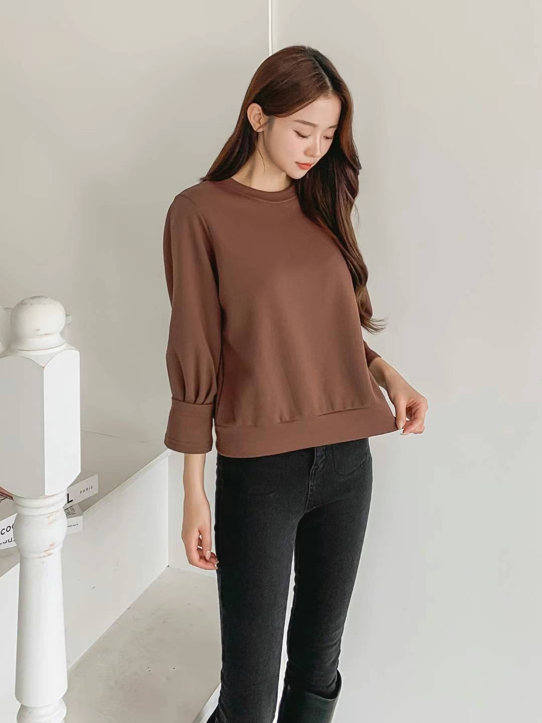 V Basic Three Quarter Sleeve Cotton Shirt